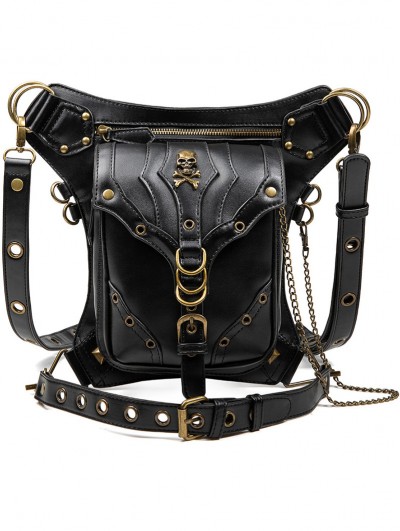 Black Gothic Punk PU Leather Skull Chain Travel Waist Shoulder Messenger Bag