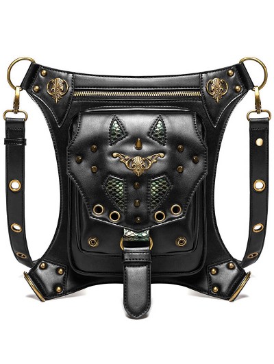 Black Gothic Steampunk Retro Rivets Outdoor Waist Shoulder Messenger Bag