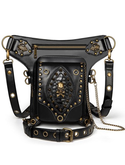 Black Gothic Punk PU Leather Rivets Skull Waist Shoulder Messenger Bag