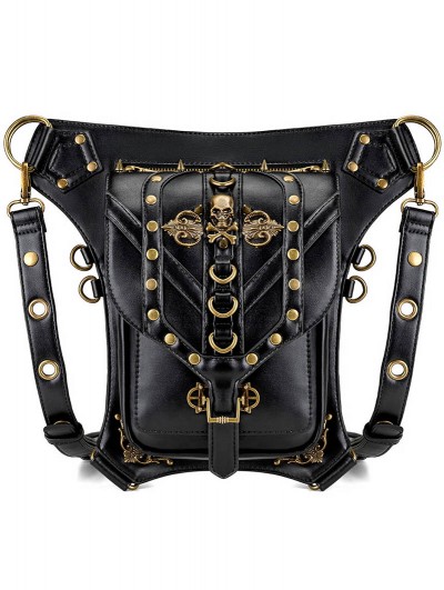 Black Gothic Punk Skull PU Leather Travel Close-Fitting Waist Shoulder Messenger Bag