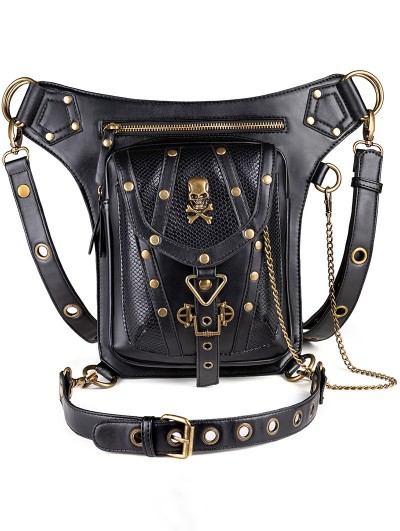 Black Gothic Punk Skull Chain PU Leather Travel Waist Shoulder Messenger Bag