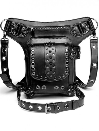 Black Gothic Steampunk Rivets Fashion Travel Waist Shoulder Messenger Bag