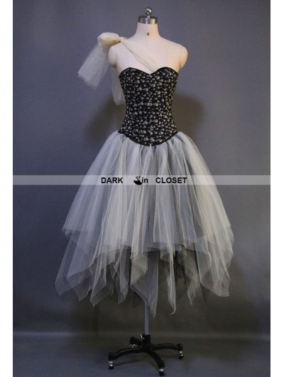 Ivory and Black Gothic Punk Ankle Length Corset Prom Party Dress