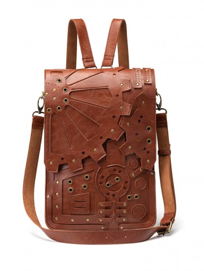 Brown Steampunk Retro PU Leather Gear Shoulder Backpack Bag