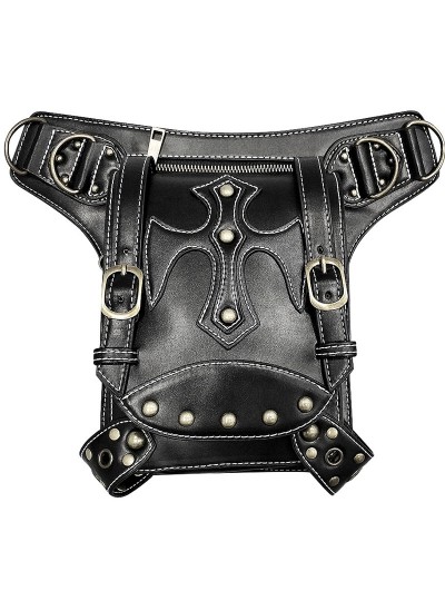 Black Gothic Steampunk Retro PU Leather Travel Waist Shoulder Messenger Bag