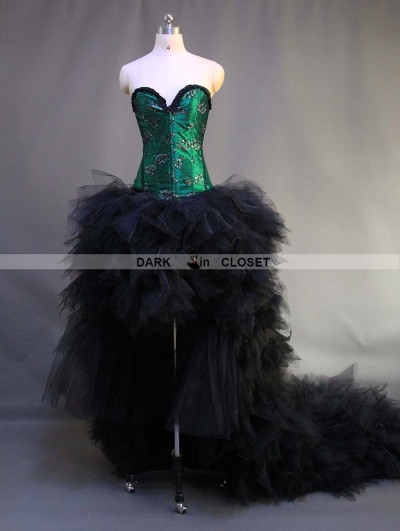 Green and Black Gothic Burlesque Corset High-Low Prom Party Dress