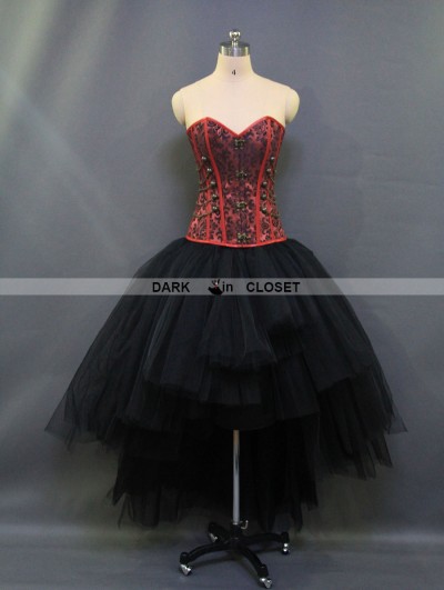 Red and Black Gothic Steampunk Burlesque Corset High-Low Prom Party Dress 