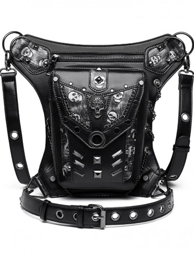 Black Gothic Punk Chain Skull Motorcycle Waist Shoulder Messenger Bag