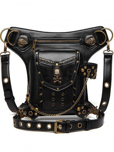 Black Gothic Punk Skull Rivets Motorcycle Waist Shoulder Messenger Bag