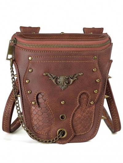 Brown Vintage Snake Pattern Rivets Chain Travel Shoulder Backpack Bag