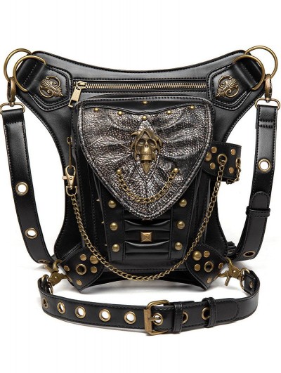 Black Gothic Punk Rivets Chain Motorcycle Travel Waist Shoulder Messenger Bag