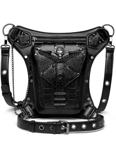 Black Gothic Steampunk Skull Chain Cross-Body Waist Shoulder Messenger Bag