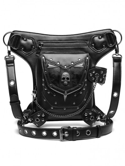 Black Gothic Punk Motorcycle PU Leather Skull Chain Waist Shoulder Messenger Bag