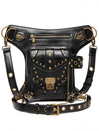 Black Gothic Rivets Motorcycle Chain Waist Shoulder Messenger Bag