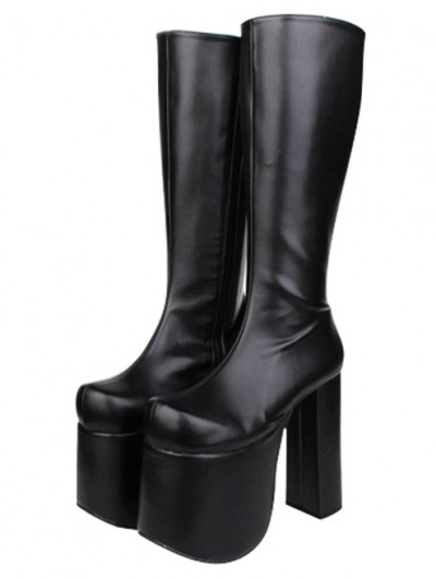 Women's Black Gothic High Platform Round Toe PU Leather Boots