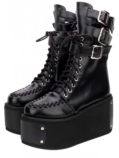 Women's Black Gothic Punk Rivets Platform Mid-Calf Boots