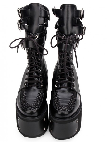 Women's Black Gothic Punk Rivets Platform Mid-Calf Boots - DarkinCloset.com