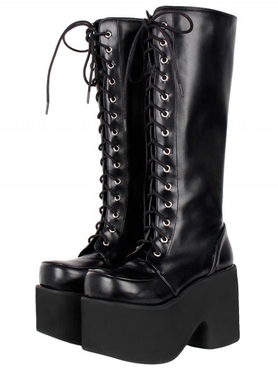 Women's Black Gothic Lace-Up Round Toe Platform Knee Boots