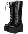 Women's Black Gothic Lace-Up Round Toe Platform Knee Boots