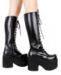 Women's Black Gothic Lace-Up Round Toe Platform Knee Boots