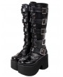 Women's Black Gothic Punk Zipper Buckle Belt Platform Knee Boots