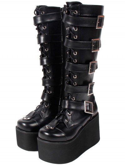 Women's Black Gothic Punk Buckle Belt Lace Up Platform Knee Boots