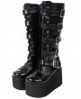 Women's Black Gothic Punk Buckle Belt Lace Up Platform Knee Boots