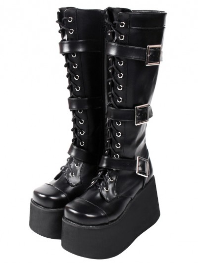 Women's Black Gothic Punk Buckled Lace Up High Platform Knee Boots