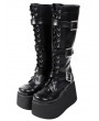 Women's Black Gothic Punk Buckled Lace Up High Platform Knee Boots