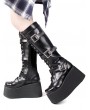 Women's Black Gothic Punk Buckled Lace Up High Platform Knee Boots