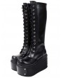 Women's Black Gothic Punk Rivets Lace Up Platform Knee Boots