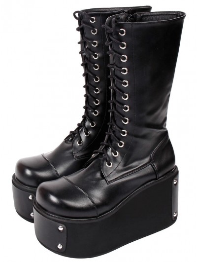 Women's Black Gothic Punk Rivets Lace Up Platform Mid-Calf Boots