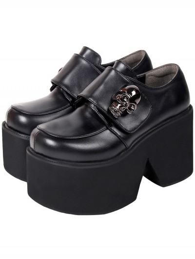 Women's Black Gothic Punk PU Leather Skull Decoration Platform Shoes