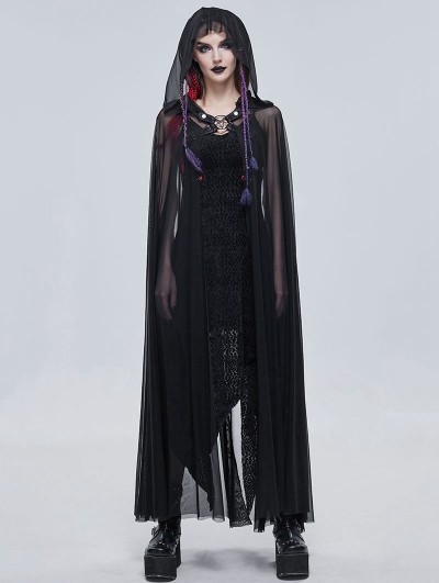 Devil Fashion Black Gothic Transparent Pentagram Long Hooded Cloak for Women