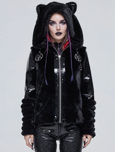 Devil Fashion Black Gothic Cute Casual Warm Fur Short Hooded Jacket for Women