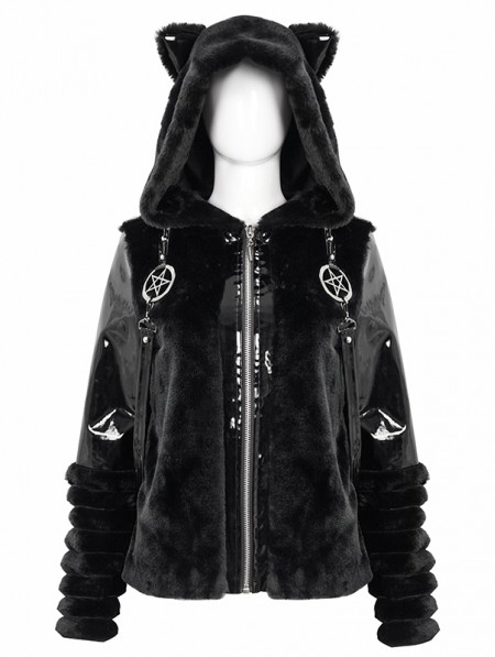 Devil Fashion Black Gothic Cute Casual Warm Fur Short Hooded Jacket for ...