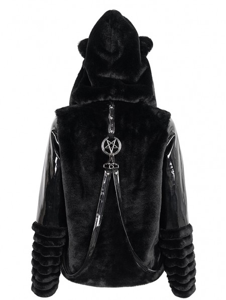 Devil Fashion Black Gothic Cute Casual Warm Fur Short Hooded Jacket for ...