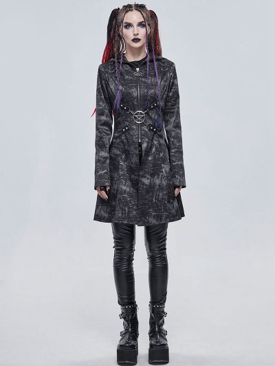 Devil Fashion Dark Gray Gothic Punk Pentagram Hooded Long Coat for Women