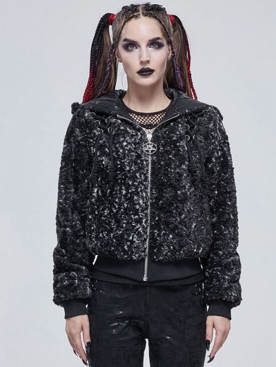 Devil Fashion Dark Gray Gothic Punk Casual Hooded Short Jacket for Women