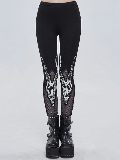 Devil Fashion Black Gothic Punk Patterned Slim Fit Long Leggings for Women