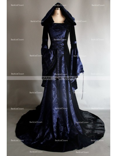 Navy Blue and Black Velvet Gothic Hooded Medieval Gown - DarkinCloset.com