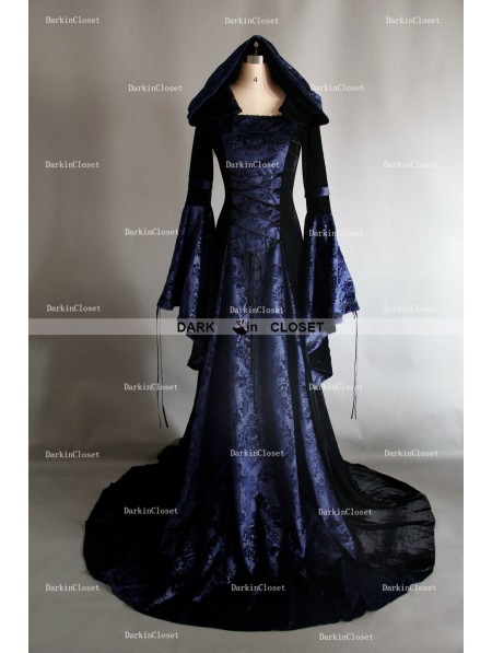 Navy Blue and Black Velvet Gothic Hooded Medieval Gown - DarkinCloset.com