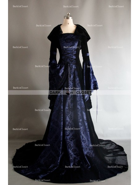 Navy Blue and Black Velvet Gothic Hooded Medieval Gown - DarkinCloset.com
