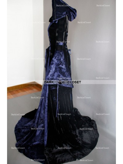 Navy Blue and Black Velvet Gothic Hooded Medieval Gown - DarkinCloset.com