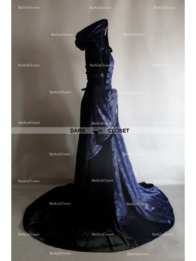 Navy Blue and Black Velvet Gothic Hooded Medieval Gown - DarkinCloset.com