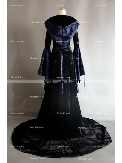 Navy Blue And Black Velvet Gothic Hooded Medieval Gown