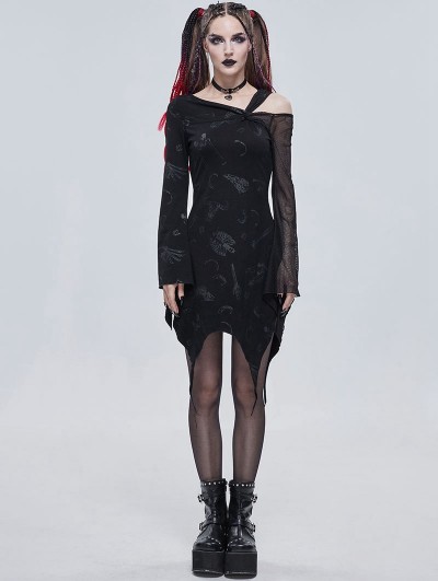 Devil Fashion Black Gothic Punk Pattern Long Sleeve Asymmetrical Dress