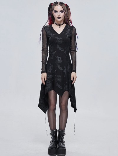 Devil Fashion Black Gothic Punk Cobweb Long Sleeve Irregular Dress