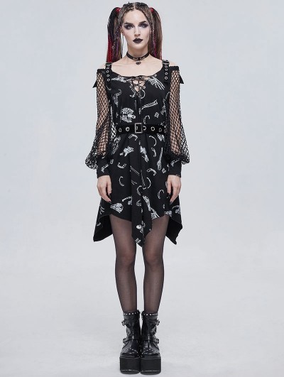 Devil Fashion Black Gothic Patterned Off-the-Shoulder Daily Wear Long Sleeve Irregular Dress