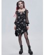 Devil Fashion Black Gothic Patterned Off-the-Shoulder Daily Wear Long Sleeve Irregular Dress